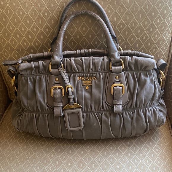 Prada Handbags - Prada Ruched Tessuto
Napa Leather Tan Vintage Satchel